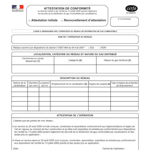 Aperçu du document Comment obtenir l'attestation de conformité pour votre réseau gazier — Démarches administratives (CERFA n°14528*01)