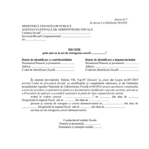 Document preview: Decizie de retragere a cererii conform OPANAF 90/2016 — Impozite & fiscalitate (CERFA n°A7_OPANAF_90_2016)