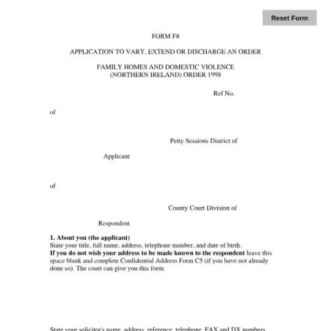 Document preview: Guide to Form F8: Vary, Extend, or Discharge Orders in Northern — Legal & justice (F8)