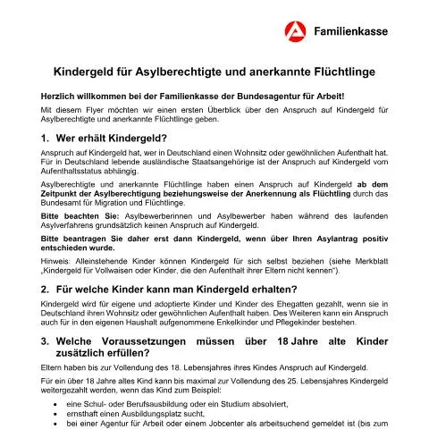 Dokumentvorschau: Wichtige Informationen zum Kindergeld für Asylberechtigte — Familie (CERFA n°kg-asylberechtigte_ba035095)