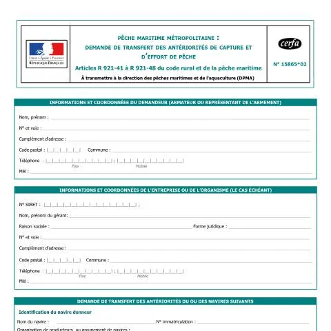 Aperçu du document Comment transférer ses droits de pêche maritime professionnelle — Démarches administratives (CERFA n°15865*02)