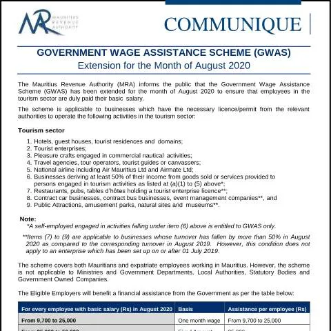 Document preview: Mauritius extends GWAS for August 2020 to aid tourism sector workers — Work & employment (CERFA n°CommuniqueGWAS250820)
