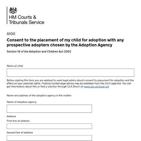 Document preview: Understanding the UK Child Adoption Consent Form (Form A100) — Family