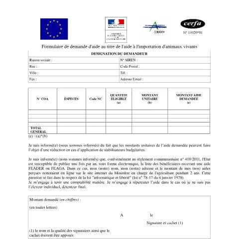 Aperçu du document Formulaire 14920*01 : obtenir l'aide à l'importation d'animaux — Démarches administratives (CERFA n°14920*01)