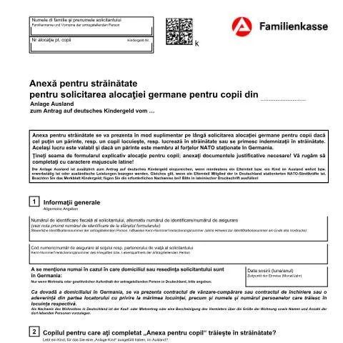Dokumentvorschau: Antrag auf deutsches Kindergeld mit KG51-ro für Auslandsansprüche — Familie (CERFA n°kg51-ro-anlageausland_ba032515)