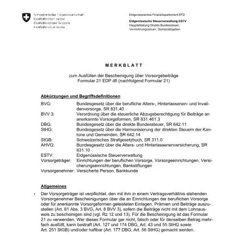 Dokumentvorschau: Merkblatt zum Ausfüllen der Bescheinigung über Vorsorgebeiträge 21 EDP — Steuern