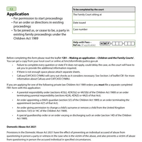 Document preview: Guide to the C2 Application Form in UK Family Court Proceedings — Legal & justice (C2)