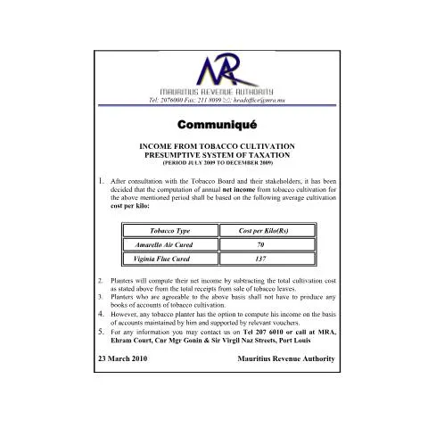 Document preview: Official Notice on Presumptive Taxation for Tobacco Cultivation in — Taxes (CERFA n°CommuniqueTobacco2010)