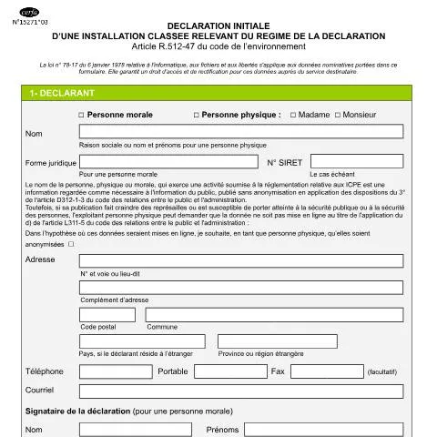 Aperçu du document Formulaire de déclaration initiale ICPE : votre sésame réglementaire — Démarches administratives (CERFA n°15271*03)