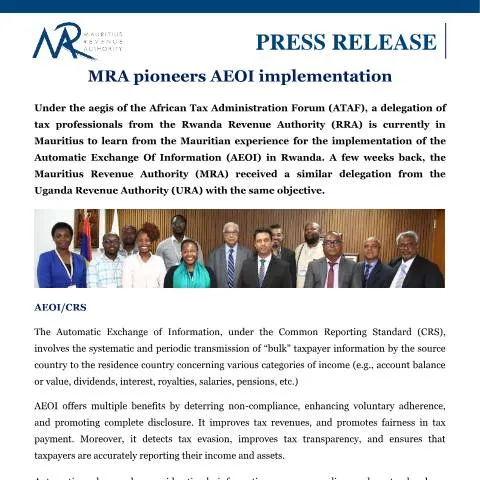 Document preview: Mauritius Leads Africa in Tax Transparency with AEOI — Government & admin (PressRelease290224)