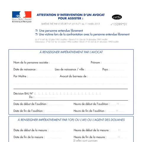 Aperçu du document Formulaire 15289*01 : Indemnisation de l'assistance juridique — Juridique & justice (CERFA n°15289*01)