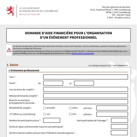 Aperçu du document Guide complet pour la demande d’aide financière d’événements — Emploi & travail (CERFA n°subvention-tourisme-congres)