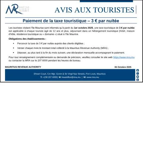 Document preview: Understanding the €3 Tourist Tax in Mauritius — Taxes (CERFA n°AvisTouristes061025)