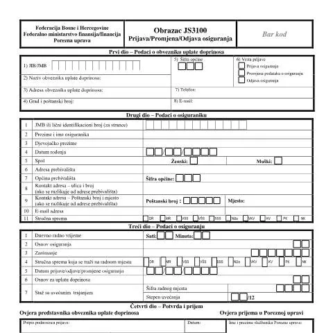 Document preview: Osiguranje u Bosni i Hercegovini: Obrazac JS3100 — Administrativne procedure (CERFA n°JS3100)