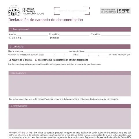 Vista previa del documento Formulario de Carencia de Documentación del SEPE — Trámites administrativos