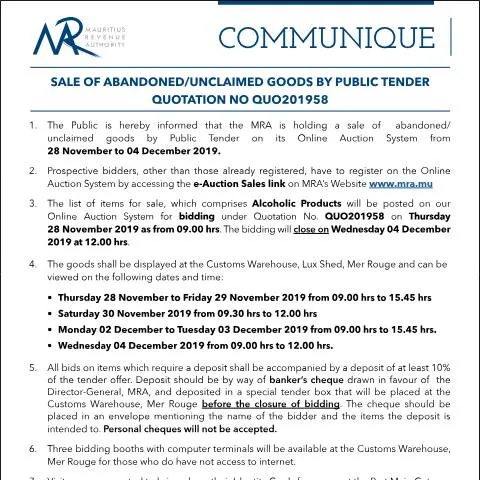 Document preview: Public Sale of Abandoned and Unclaimed Goods by Mauritius Revenue — Government & admin (Communique58of2019)