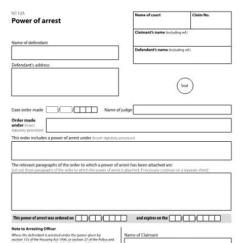 Document preview: N110A Form: Police Arrest Powers for Injunction Breaches Explained — Government & admin