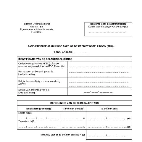 Aperçu du document Guide pour l'audit de la taxe sur les institutions de crédit — Impôts & fiscalité (CERFA n°124-taks-kredietinstellingen)