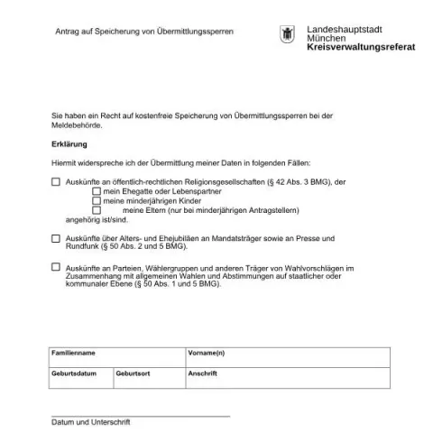 Dokumentvorschau: Antrag auf Übermittlungssperren in München — Personenstand & Ausweis (uebermittlungssperre)