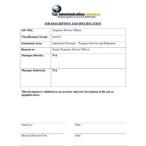 Document preview: Understanding the Taxpayer Service Officer Level 4 Role in Jamaica — Government & admin (CERFA n°Taxpayer+Service+Officer+)