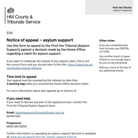 Document preview: How to Appeal Asylum Support Decisions Using Form E09 — Legal & justice