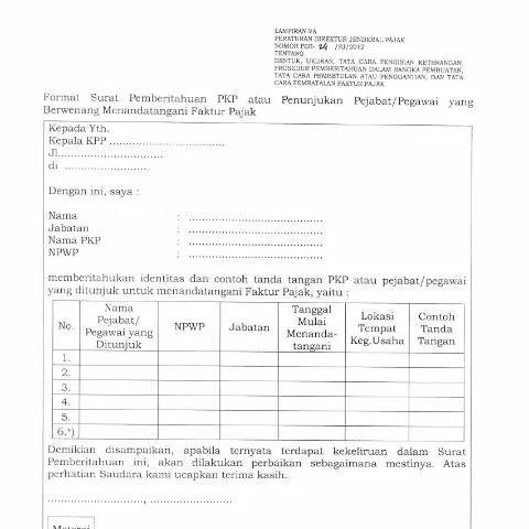 Document preview: Pentingnya Surat Pemberitahuan PKP dalam Perpajakan Indonesia — Pajak & perpajakan (CERFA n°ID-DJP-Lampiran-VA-PER-24-PJ-2012)