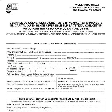 Aperçu du document Comment convertir sa rente d'incapacité permanente agricole — Santé (CERFA n°11818*02)