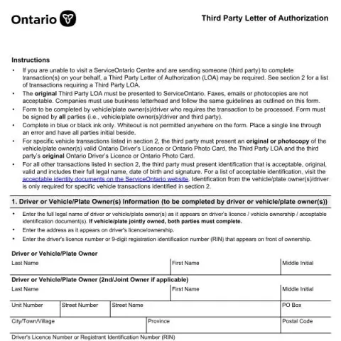 Document preview: Understanding the Third Party Letter of Authorization for Vehicle (English / French) — Vehicle & driving (SR-LD-433E)