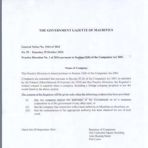 Document preview: The Importance of Companies - GN 1544 of 2016 in Mauritius — Business (CERFA n°Companies-GN-1544-of-2016)