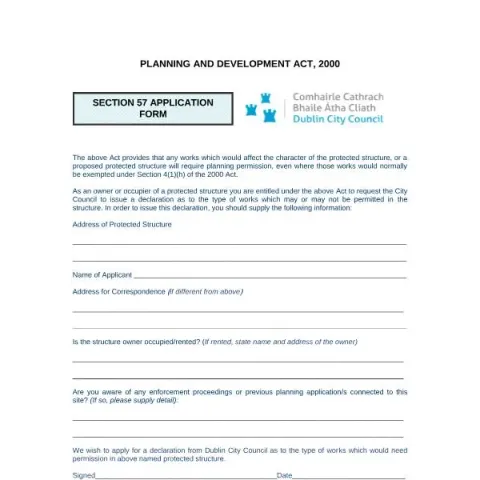 Document preview: Complete the Section 57 Application for Dublin City Council — Planning & building works (Section 57 Application Form)