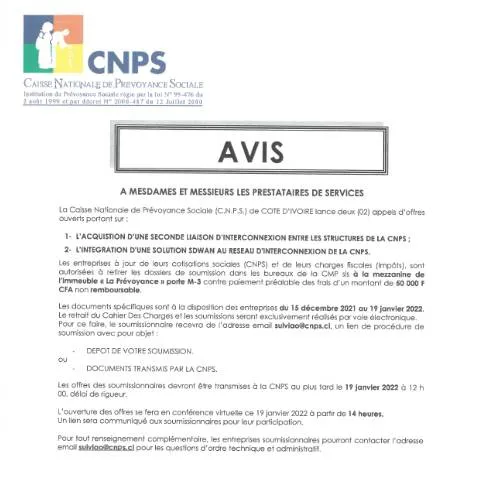 Aperçu du document Optimisation des opérations de la CNPS : Appel d'Offre SDWAN — Démarches administratives