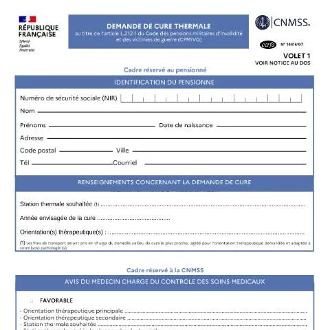 Aperçu du document Cure thermale pour anciens combattants : démarches et prise en charge — Santé (CERFA n°14415*07)