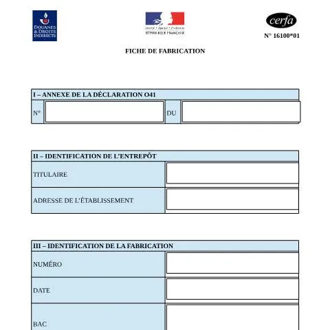 Aperçu du document Code 16100*1 : la carte d'identité technique obligatoire des produits — Démarches administratives (CERFA n°16100*1)