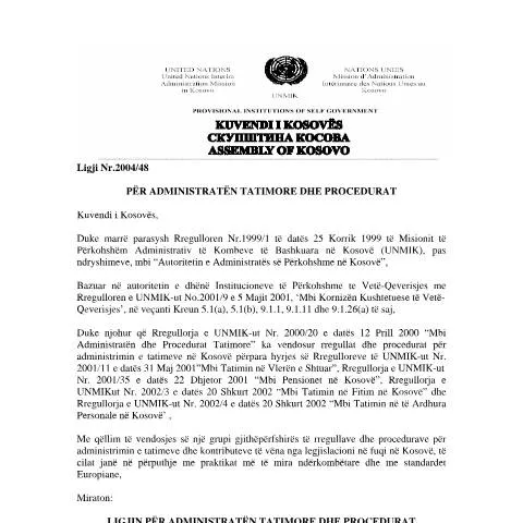Document preview: Rregullat e Ligjit Nr. 2004/48 për Tatimet — Procedura administrative