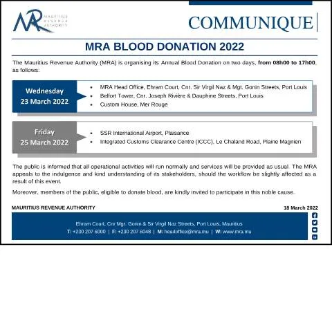 Document preview: Mauritius Revenue Authority Launches 2022 Blood Donation Campaign — Health (CERFA n°CommuniqueBD2022)