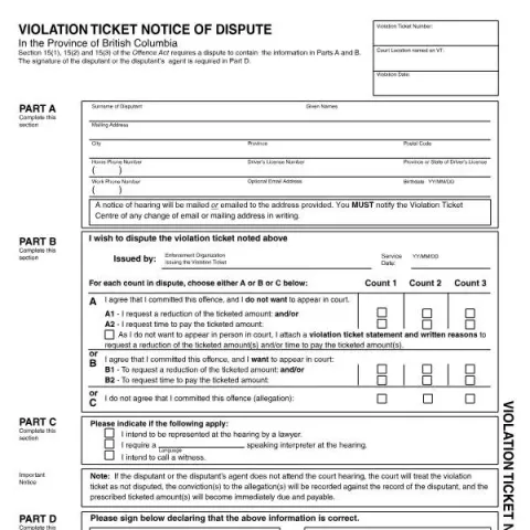 Document preview: Dispute a Violation Ticket in British Columbia (English / French) — Legal & justice (PTR021)