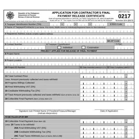 Document preview: Understanding BIR Form No. 0217 for Final Payments — Government & admin (CERFA n°0217)