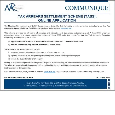 Document preview: Explore the Benefits of the Tax Arrears Settlement Scheme (TASS) — Taxes (CERFA n°CommuniqueTASS191022)