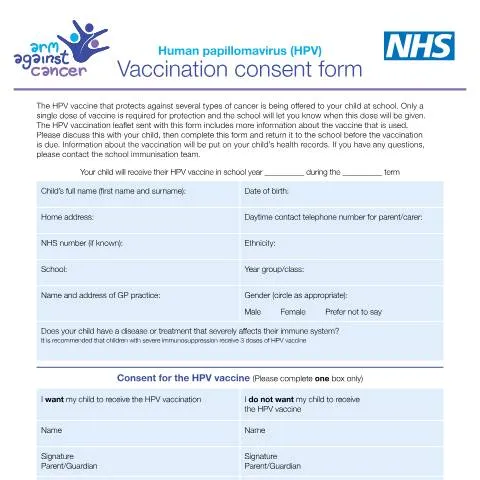Document preview: Understanding Your Child's HPV Vaccination Consent Form in UK Schools — Health