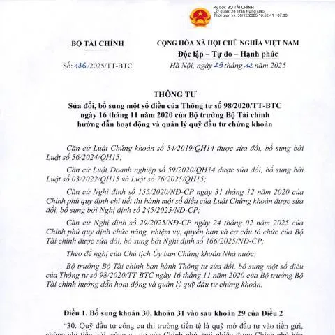 Document preview: Thông tư 136/2025/TT-BTC: Những thay đổi quan trọng trong quản lý quỹ — Thuế & tài chính (CERFA n°136/2025/TT-BTC)