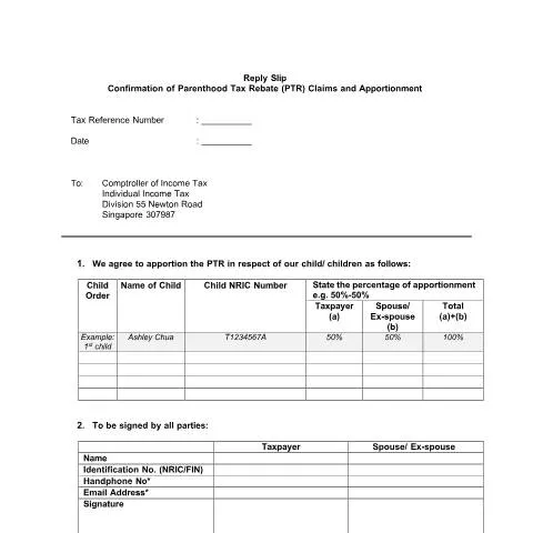 Document preview: Understanding the IRAS Reply Slip for Parenthood Tax Rebate in — Taxes (CERFA n°APPLICATION-FOR-PTR_V1-4)