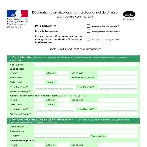 Aperçu du document Comment déclarer votre établissement professionnel de chasse — Démarches administratives (CERFA n°14995*01)