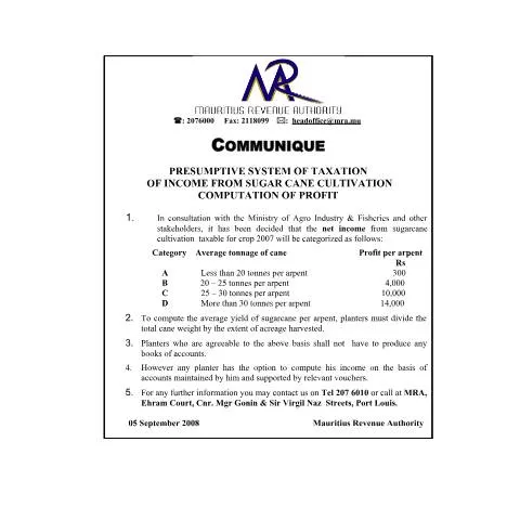 Document preview: Guidance on Taxing Sugar Cane Income for 2007 in Mauritius — Taxes (CERFA n°communiqueSugarCane_050908)