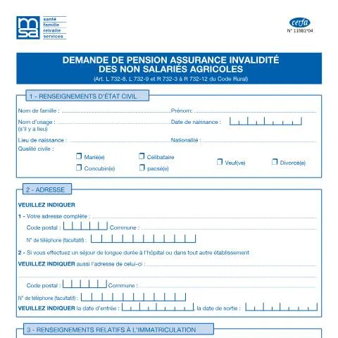 Aperçu du document Pension d'invalidité exploitants agricoles : procédure complète — Santé (CERFA n°11981*04)