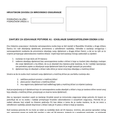 Document preview: Zahtjev A1 za samozaposlene osobe u EU — Porezi i fiskalnost (CERFA n°ZAHTJEV_A1_SAMOZAPOSLENI)