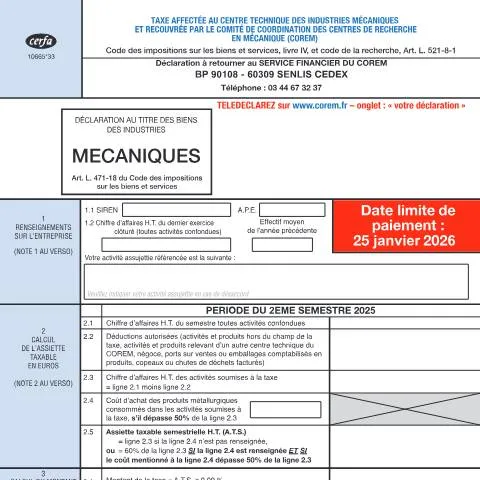 Aperçu du document Centre technique des industries mécaniques : contribution obligatoire — Impôts & fiscalité (CERFA n°10665*33)