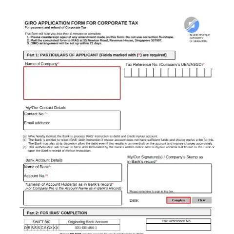Document preview: Guide to the Singapore Corporate Tax GIRO Application Form — Taxes (CERFA n°GIRO_CIT_APPLN_FORM)