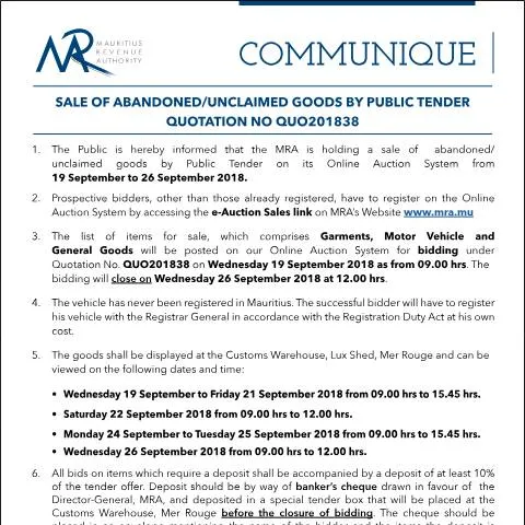 Document preview: Understanding the Sale of Unclaimed Goods in Mauritius — Government & admin (Communique38of2018)