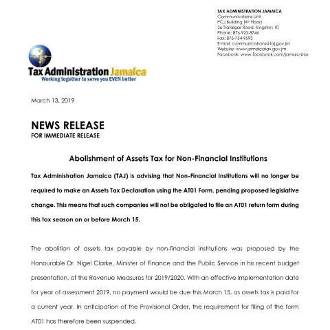 Document preview: Jamaica Eliminates Assets Tax Filing for Non-Financial Institutions in — Taxes (CERFA n°March_13_2019-Abolishment_of_Assets_Tax_for_Non-Financial_+Institutions+(Final))
