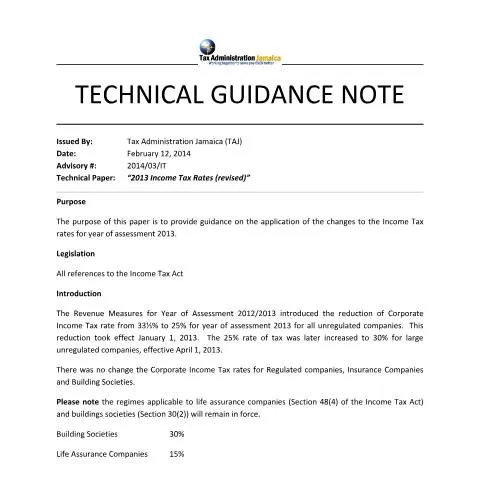 Document preview: Understanding 2013 Income Tax Rates in Jamaica — Taxes (CERFA n°technical+guidance+note+-+2014+03+it+-+2013+income+tax+rates+revised)
